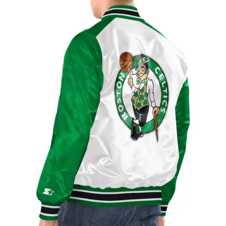 Model back view White/Green Boston Celtics Varsity Jacket team logo