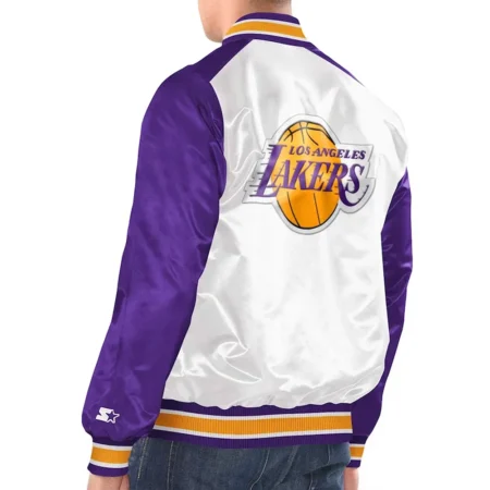 Model wearing LA Lakers Renegade Varsity Jacket back