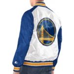 Model in White Golden State Warrior Varsity Jacket Front