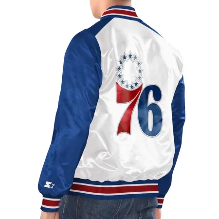 Model back view Philadelphia 76ers Varsity Jacket