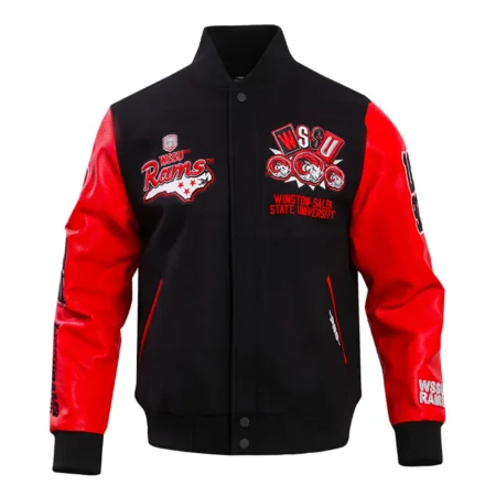 Front view of Winston-Salem State Varsity Jacket with logo design.