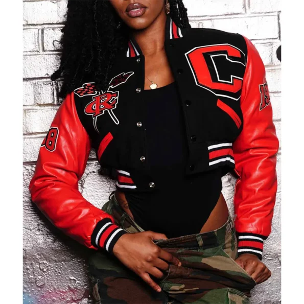 Model wearing Clark Atlanta University Varsity Jacket front view.