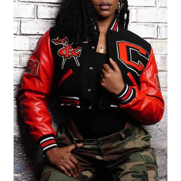 Model wearing Clark Atlanta University Varsity Jacket front view.