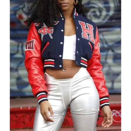 Model wearing Womens Howard University Varsity Jacket front view.