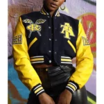 Model wearing North AT State University Varsity Jacket front view.