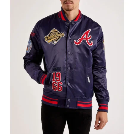 Model wearing Atlanta Brave World Series Varsity Jacket front