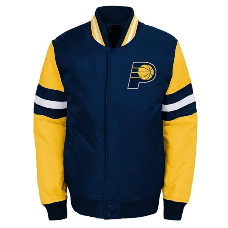 Indiana Pacers Youth Varsity Jacket front view with logo.