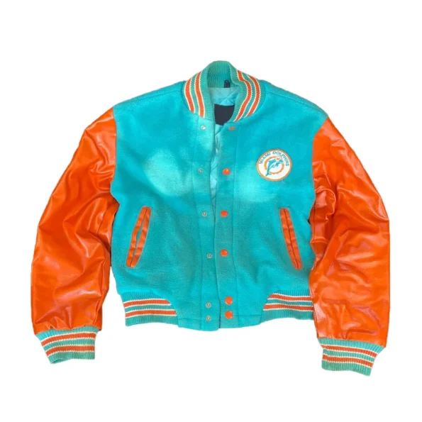 Front view of Miami Dolphins 1970s Varsity Jacket