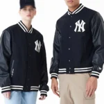 Model in NY Yankees World Series Black Varsity Jacket Front