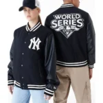 Model in NY Yankees World Series Black Varsity Jacket Front