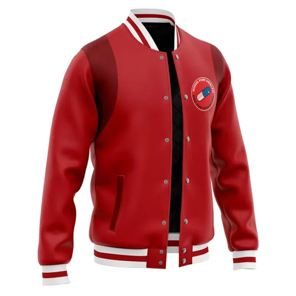 Side profile of Good for Health Varsity Jacket