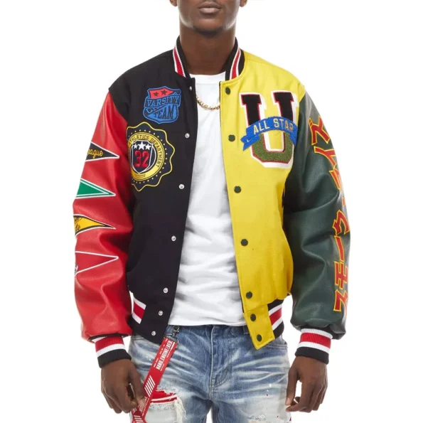 Model wearing All Star Color Block Varsity Jacket front