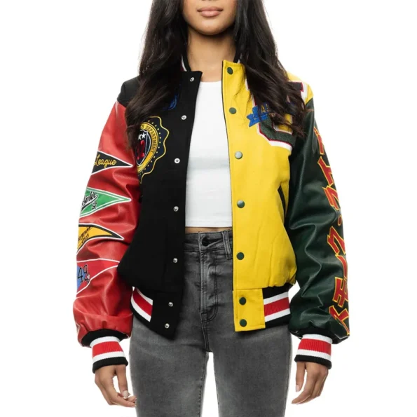 Model wearing All Star Color Block Varsity Jacket front