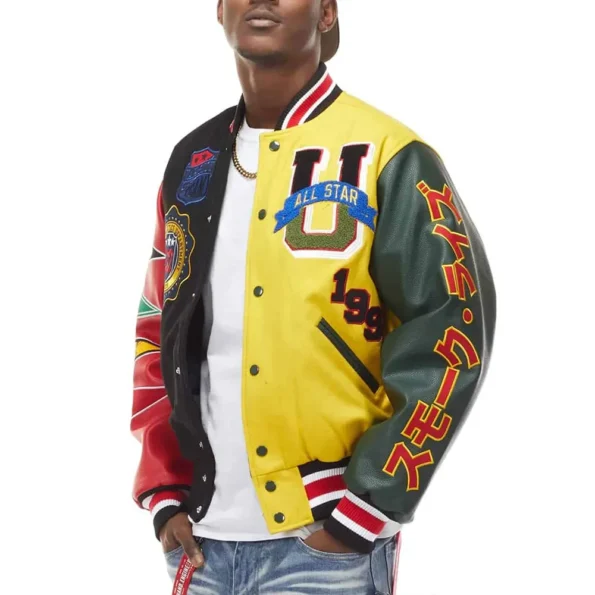 Side view of model in All Star Color Block Varsity Jacket