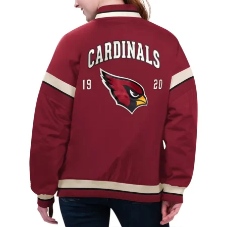 Model wearing Arizona Cardinals Cardinal Varsity Jacket back