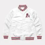 Front view of Arkansas Leaning Hog White Varsity Jacket