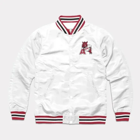 Front view of Arkansas Leaning Hog White Varsity Jacket