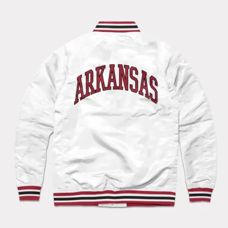 Back view of Arkansas Leaning Hog White Varsity Jacket