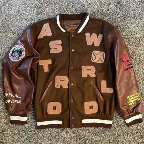 Front view of Astro World Brown Varsity Jacket design