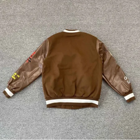 Back view of Astro World Brown Varsity Jacket with graphics