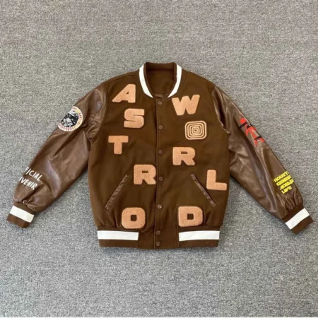 Front view of Astro World Brown Varsity Jacket design