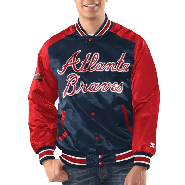 Model wearing Atlanta Braves Renegade Varsity Jacket front