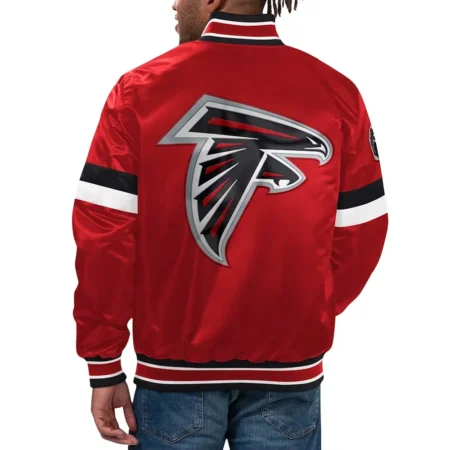 Model wearing Atlanta Falcons Locker Varsity Jacket back