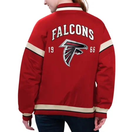 Model wearing Atlanta Falcons Tournament Varsity Jacket back