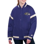 Model in Baltimore Ravens Purple Varsity Jacket Front