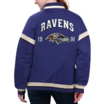 Model in Baltimore Ravens Purple Varsity Jacket Front