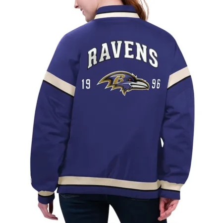 Model wearing Baltimore Ravens Purple Varsity Jacket back