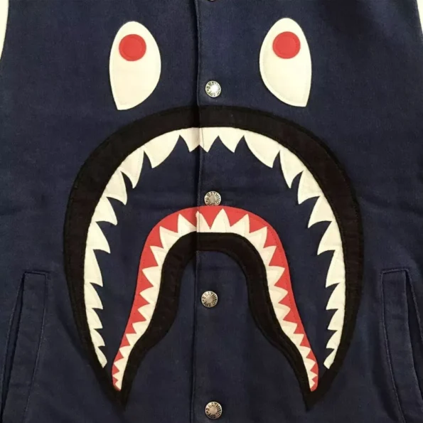 Close-up detail of Bape Shark Sweat Varsity Jacket