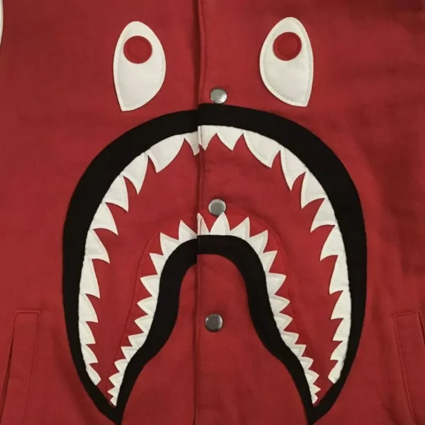 Close-up detail of Bape Shark Sweat Varsity Jacket