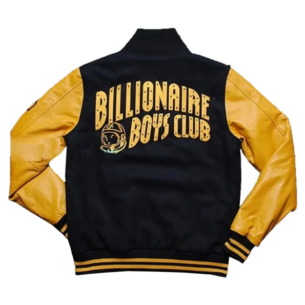 Back view of BBC Varsity Yellow and Black Jacket