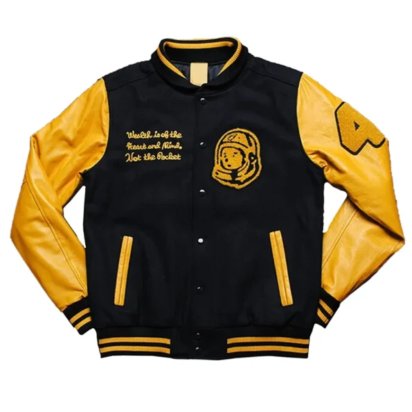 Front view of BBC Varsity Yellow and Black Jacket