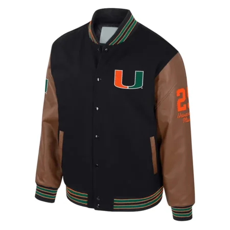 Front view of Miami Hurricanes Black Varsity Jacket