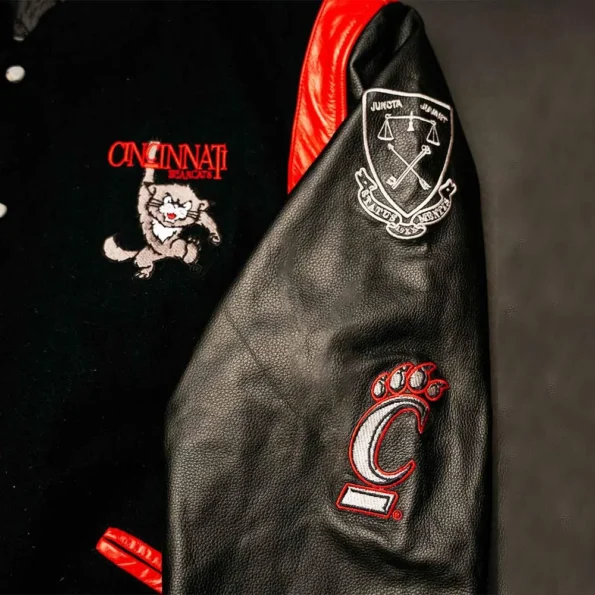 Close-up of Black Owned UC Varsity Jacket details