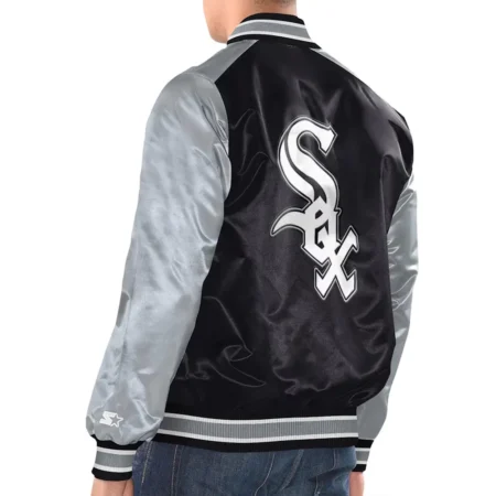 Model wearing Chicago White Sox Renegade Varsity Jacket back