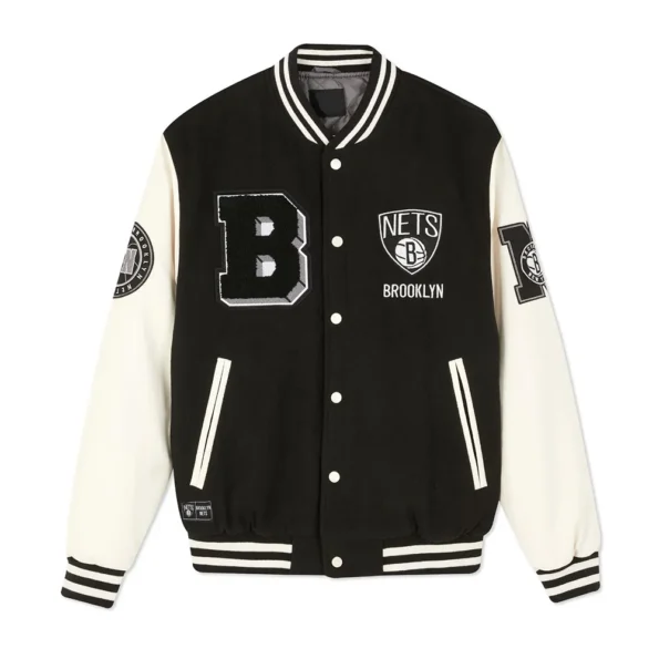 Front view of Brooklyn Nets Varsity Black Jacket