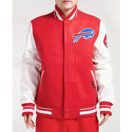 Model wearing Buffalo Bills Old English Varsity Jacket front view