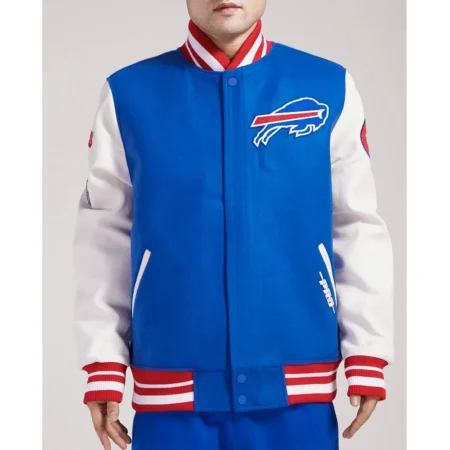 Model wearing Buffalo Bills Old English Varsity Jacket front view