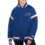 Model in Buffalo Bills Tournament Varsity Jacket Front