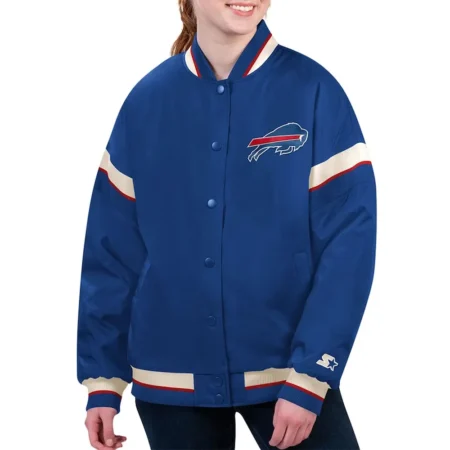 Model wearing Buffalo Bills Tournament Varsity Jacket front