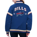 Model in Buffalo Bills Tournament Varsity Jacket Front