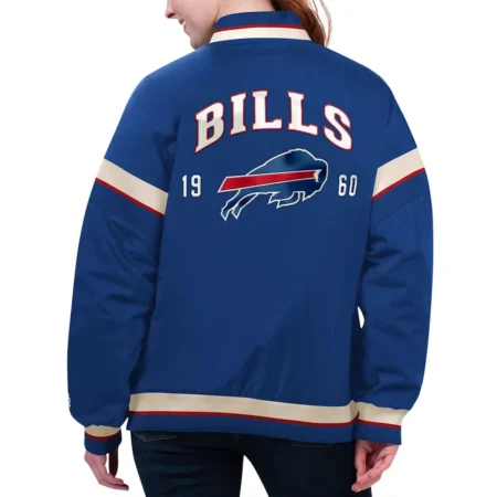 Model wearing Buffalo Bills Tournament Varsity Jacket back