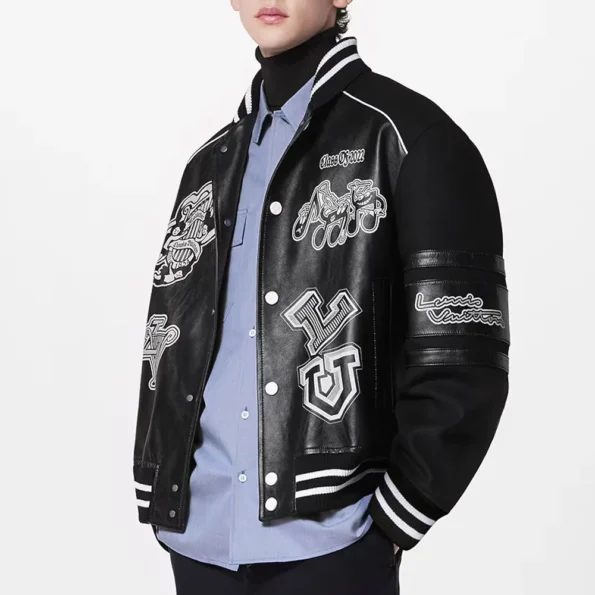 Side view of model in Cade Cunningham Blouson Varsity Jacket