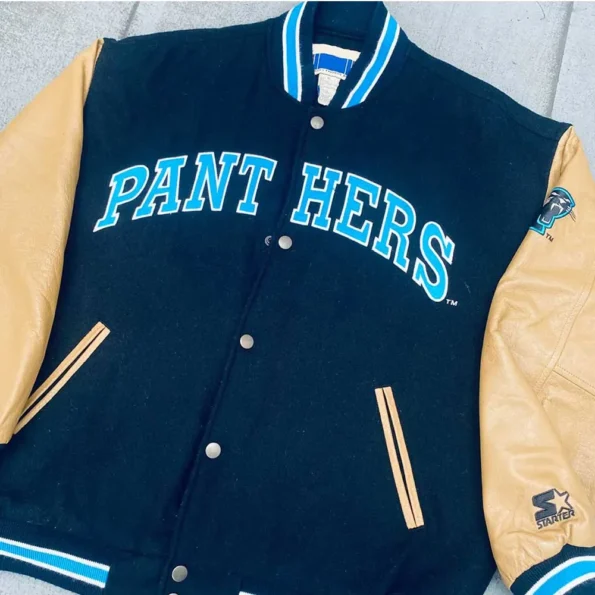 Close-up of Carolina Panthers 90s Varsity Jacket details