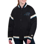 Model in Carolina Panthers Black Varsity Jacket Front