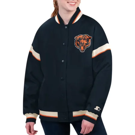 Model wearing Chicago Bears Tournament Varsity Jacket front