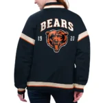 Model in Chicago Bears Tournament Varsity Jacket Front